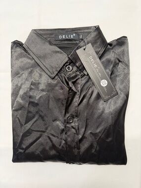 Men’s‎ Black Satin Dress Shirt - Slim Fit Collar